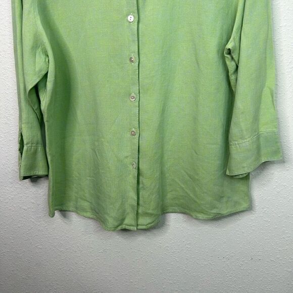 LL Bean Women’s Green 100% Linen 3/4 Sleeve Button Up Top Size L - Picture 3 of 14